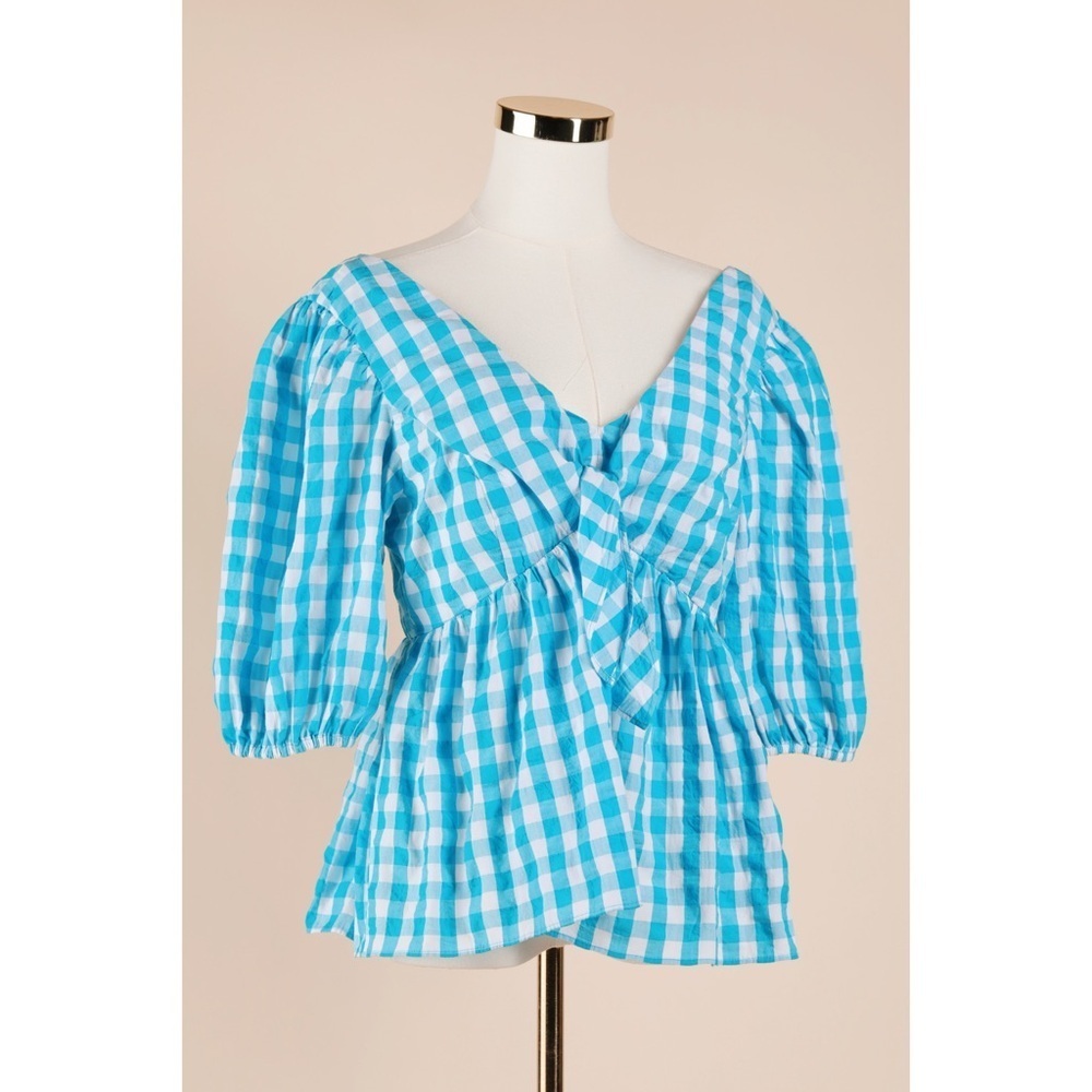 Sz 6 Lilly Pulitzer Sarafina Short Sleeve Turquoise Oasis Crinkle Gingham Top